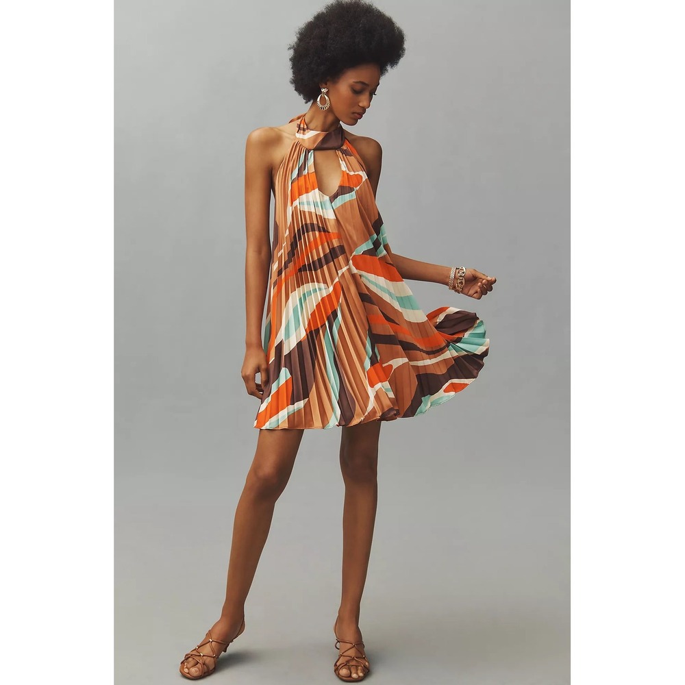 Anthropologie Hutch Pleated Halter Mini Dress‎ Abstract Geometric Brown Orange L